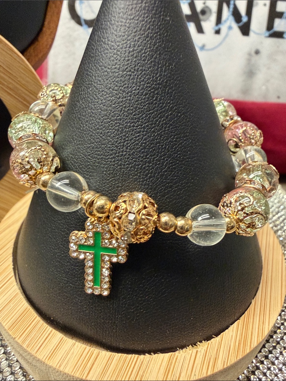 Ella Gold Beaded Bracelet with Green Cross Charm and Clear Accents. 🆕